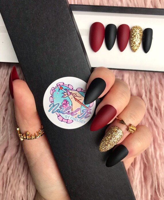 Nailed It Hand Painted False Nails Matte Burgundy Black Glitter Accent