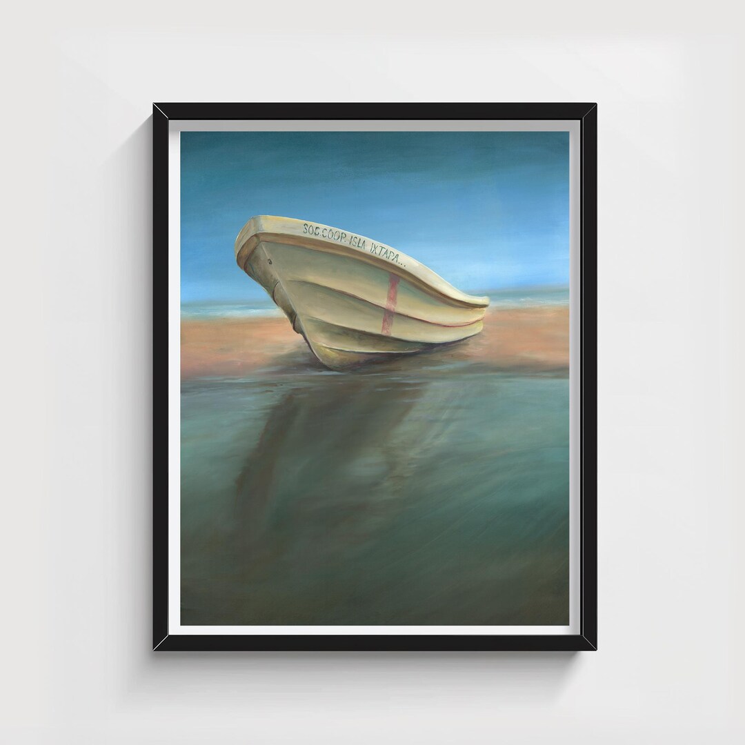 Coastal Wall Art Print – Beach Boat Painting, Nautical Ocean Decor ...