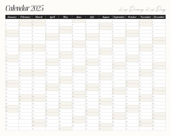 May include: A black and white calendar for the year 2025 with the months January through December listed across the top. The calendar has a simple design with black text and white boxes for each day of the month. The text "Keep Dreaming Keep Doing" is written in cursive at the top of the calendar.