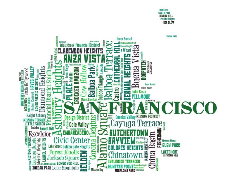 San Francisco Art, San Francisco Art Print, San Francisco Neighborhood Art Print, San Francisco Typography Art, San Francisco Poster Print Greens