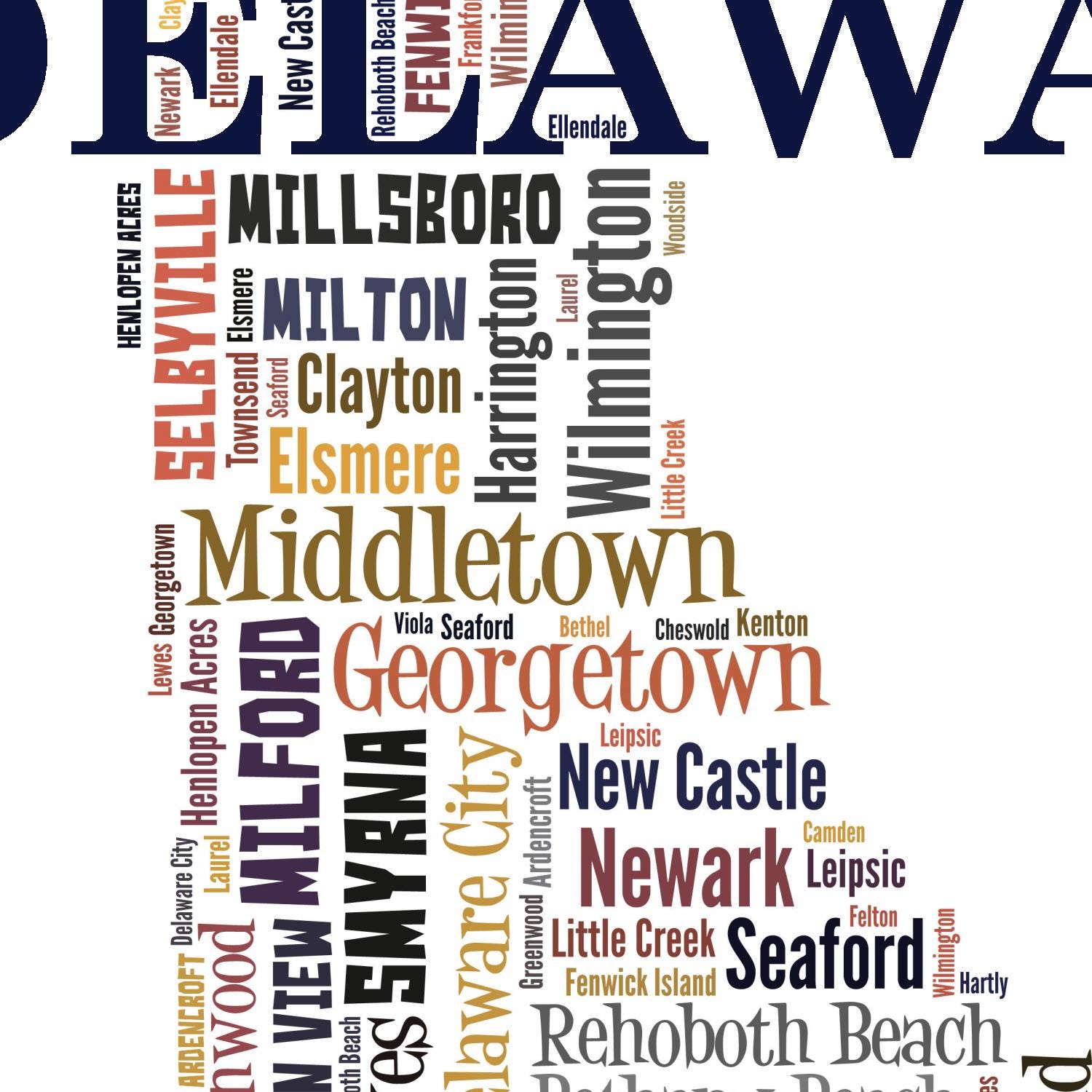 Delaware Name Design Delaware Typography Map Art Print, City Names - Etsy