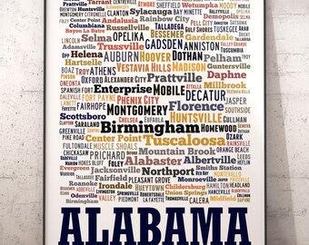 Alabama Word Cloud Map Art Print, City Typography Poster
