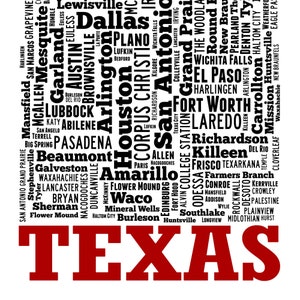 Texas map art, Texas art print, Texas decor, Texas wall art, Texas typography art, Texas poster print, Texas word cloud Black w/ Red Title