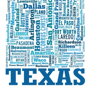 Texas map art, Texas art print, Texas decor, Texas wall art, Texas typography art, Texas poster print, Texas word cloud Blue Tones