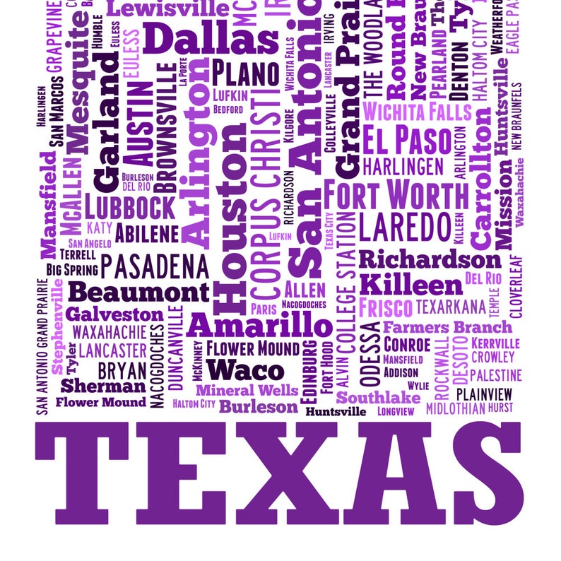 Texas map art, Texas art print, Texas decor, Texas wall art, Texas typography art, Texas poster print, Texas word cloud Purple Tones