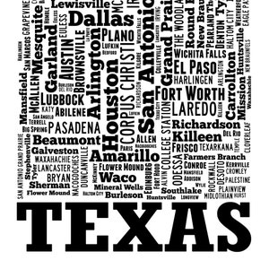Texas map art, Texas art print, Texas decor, Texas wall art, Texas typography art, Texas poster print, Texas word cloud Black & White