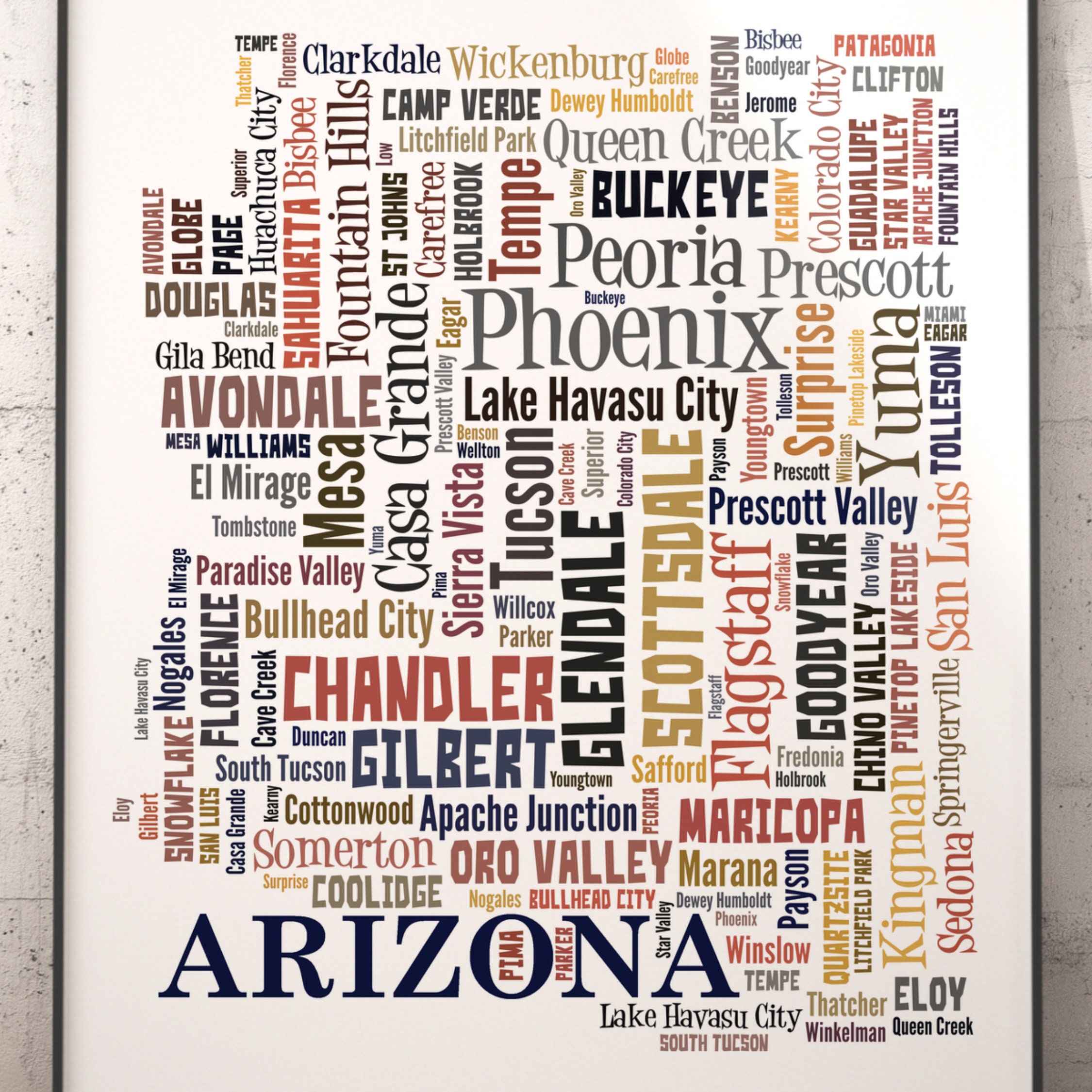 Arizona Map Art, Arizona Art Print, Arizona State Map, Arizona Typography Art, Arizona Poster Print, Arizona Word Cloud
