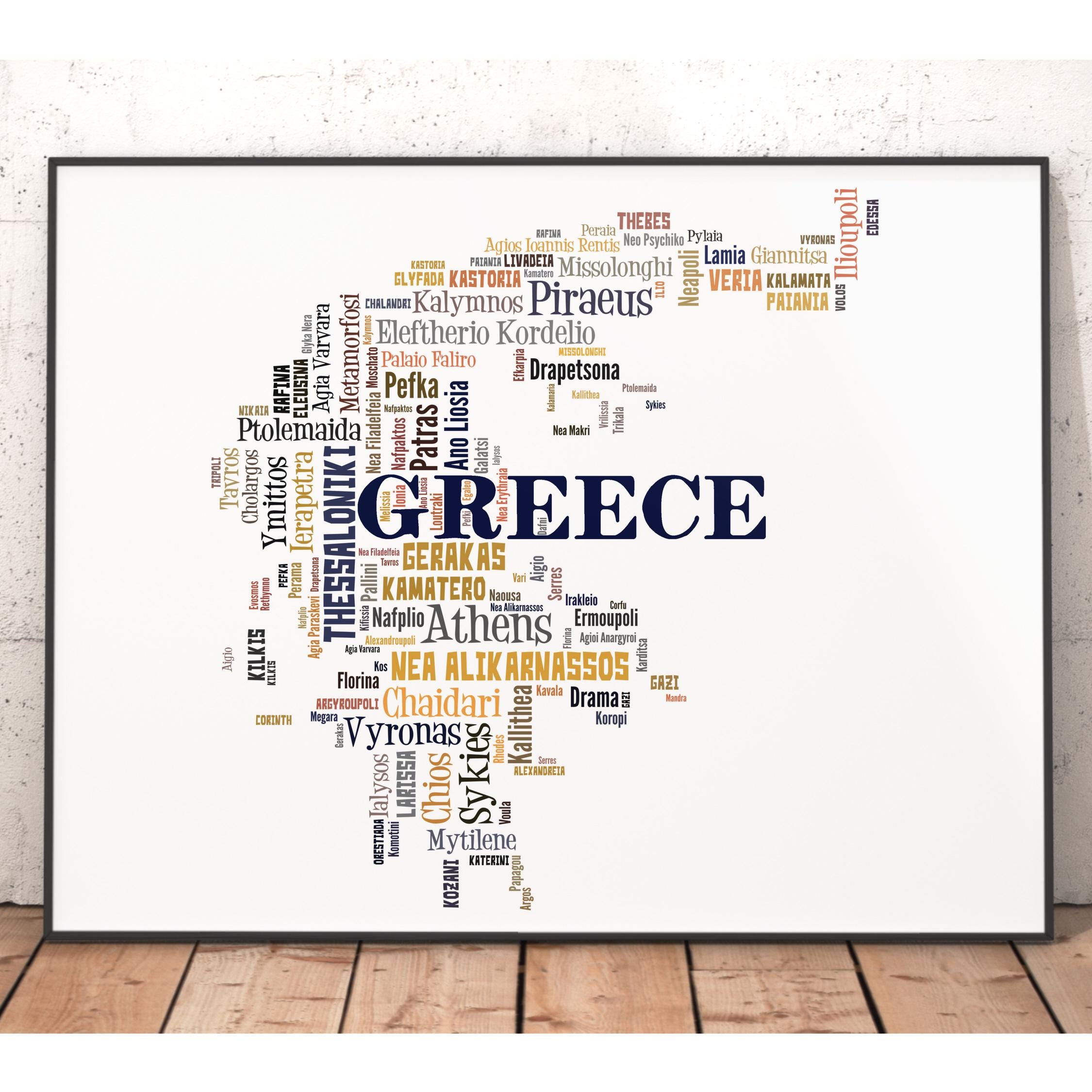 Greece Map Typography Art Print, City Names Word Cloud - Etsy