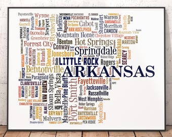 Arkansas Map Art Print, City Typography, State Pride