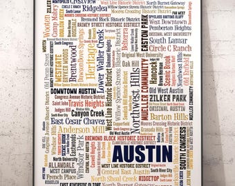 Austin Neighborhoods Art Print, Austin Typography Decor, Austin Art Print, Austin Poster Print, Austin Map Art Print