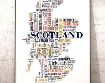 Scotland Typography Map Art Print, City Names Word Cloud