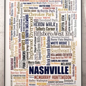 Nashville Neighborhoods Art Print, Nashville Typography Decor, Nashville Art Print, Nashville Poster Print, Nashville Map Art Print