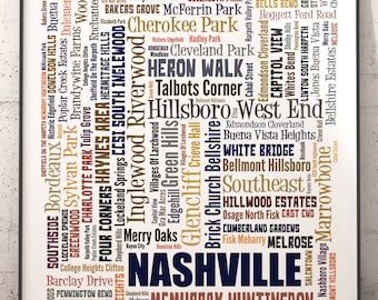 Nashville Neighborhoods Art Print, Nashville Typography Decor, Nashville Art Print, Nashville Poster Print, Nashville Map Art Print