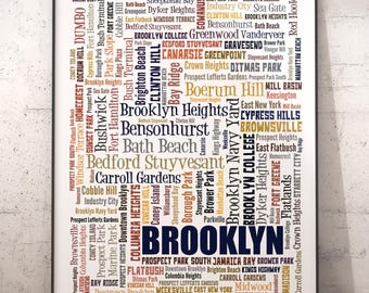 Brooklyn Neighborhoods Art Print, Brooklyn Typography Decor, Brooklyn Art Print, Brooklyn Poster Print, Brooklyn Map Art Print