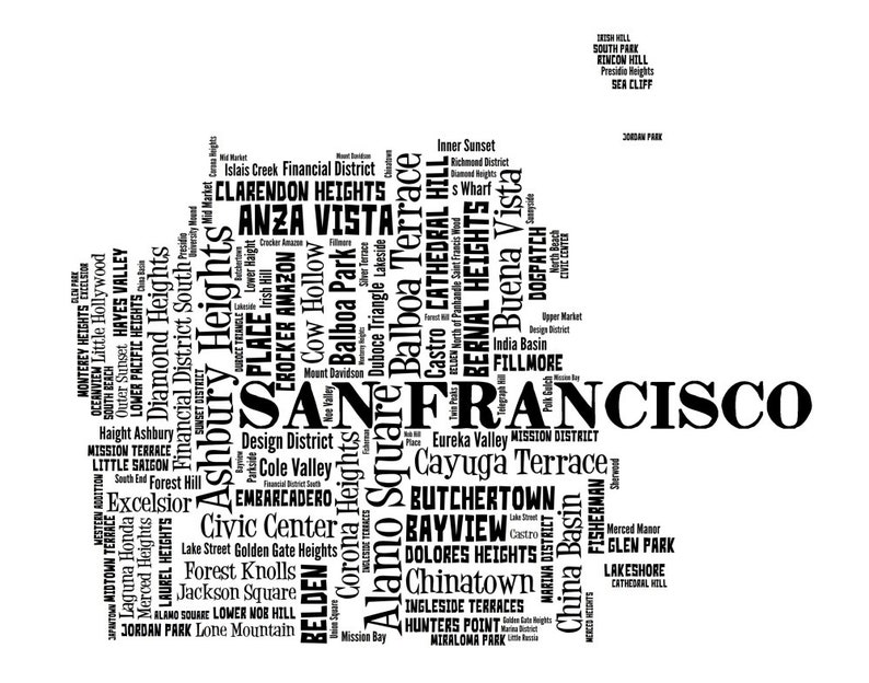 San Francisco Art, San Francisco Art Print, San Francisco Neighborhood Art Print, San Francisco Typography Art, San Francisco Poster Print Black w/ Black title