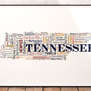 Tennessee Map Art, Tennessee Art Print, Tennessee State Map, Tennessee Typography Art, Tennessee Poster Print, Tennessee Word Cloud