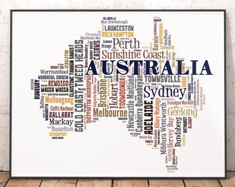 Australia Map Typography Art Print, City Names