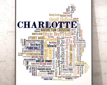 Charlotte Neighborhood Map Print, Typography City Wall Art
