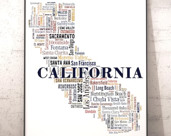 California Typography Word Cloud Art Print, City Names Map Poster