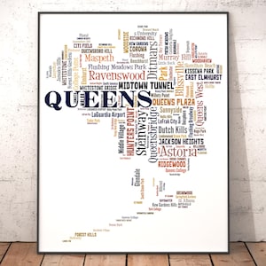 Queens Neighborhood Map Art Print, Typography City Pride Poster