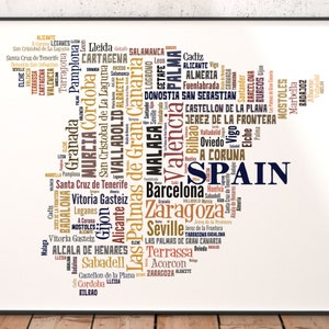 Spain Map Art, Spain Art Print, Spain City Map, Spain Typography Art, Spain Poster Print, Spain Word Cloud