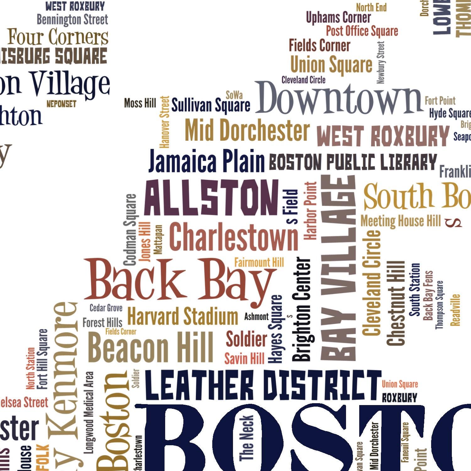 Boston Neighborhood Typography Map Art Print, City Word Cloud Poster - Etsy