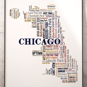 Art de carte de Chicago, impression d'art de Chicago, impression d'art de quartier de Chicago, art de typographie de Chicago, impression d'affiche de Chicago, nuage de mot de Chicago