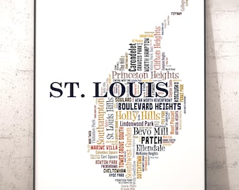 St Louis Neighborhood Map Typography Print, City Map Typographic Wall Art