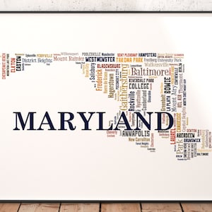 Maryland Map Art, Maryland Art Print, Maryland State Map, Maryland Typography Art, Maryland Poster Print, Maryland Word Cloud