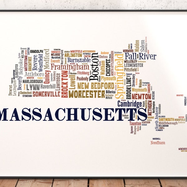 Massachusetts Map Art, Massachusetts Art Print, Massachusetts State Map, Massachusetts Typography Art, Massachusetts Poster Print