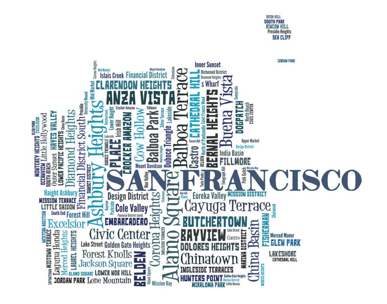 San Francisco Art, San Francisco Art Print, San Francisco Neighborhood Art Print, San Francisco Typography Art, San Francisco Poster Print Blues