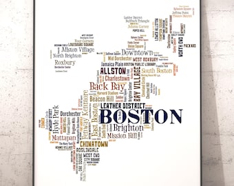 Boston Neighborhood Typography Map Art Print, City Word Cloud Poster