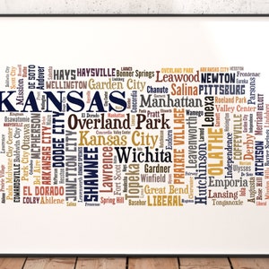 Kansas Map Art, Kansas Art Print, Kansas State Map, Kansas Typography Art, Kansas Poster Print, Kansas Word Cloud