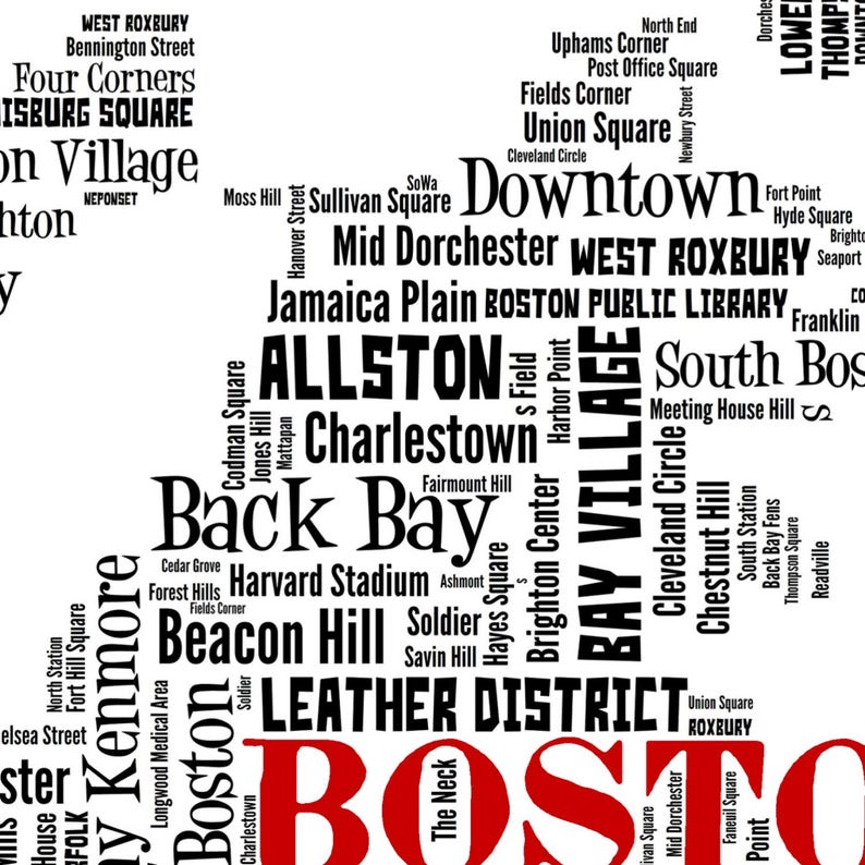 Boston Neighborhood Typography Map Art Print, City Word Cloud Poster - Etsy