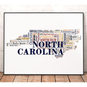 North Carolina Typography Map Art Print, City Names