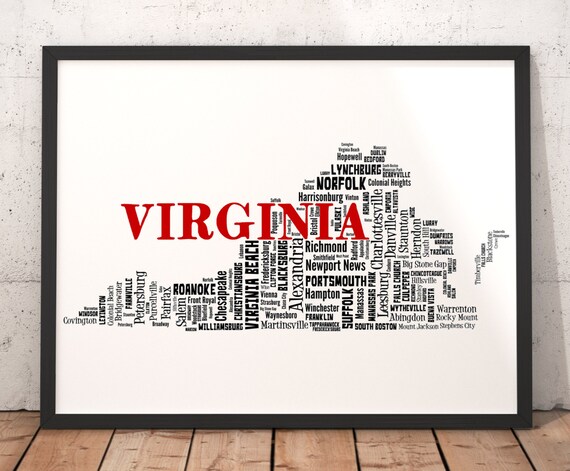 Virginia Map Art Virginia Art Print Virginia State Map Etsy