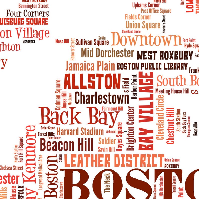 Boston Neighborhood Typography Map Art Print, City Word Cloud Poster - Etsy