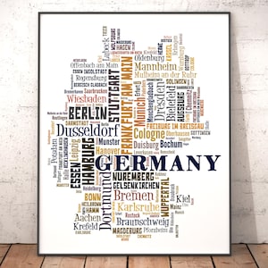 Germany Map Typography Art Print, City Names Word Cloud