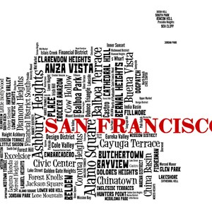 San Francisco Art, San Francisco Art Print, San Francisco Neighborhood Art Print, San Francisco Typography Art, San Francisco Poster Print Black w/ Red title