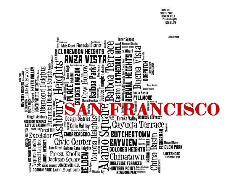 San Francisco Art, San Francisco Art Print, San Francisco Neighborhood Art Print, San Francisco Typography Art, San Francisco Poster Print Black w/ Red title