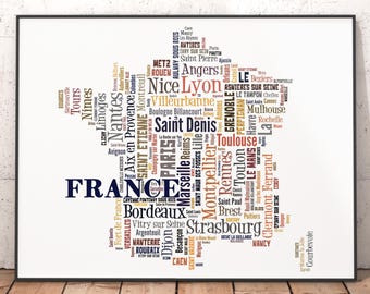 France Map Typography Art Print, City Names Word Cloud