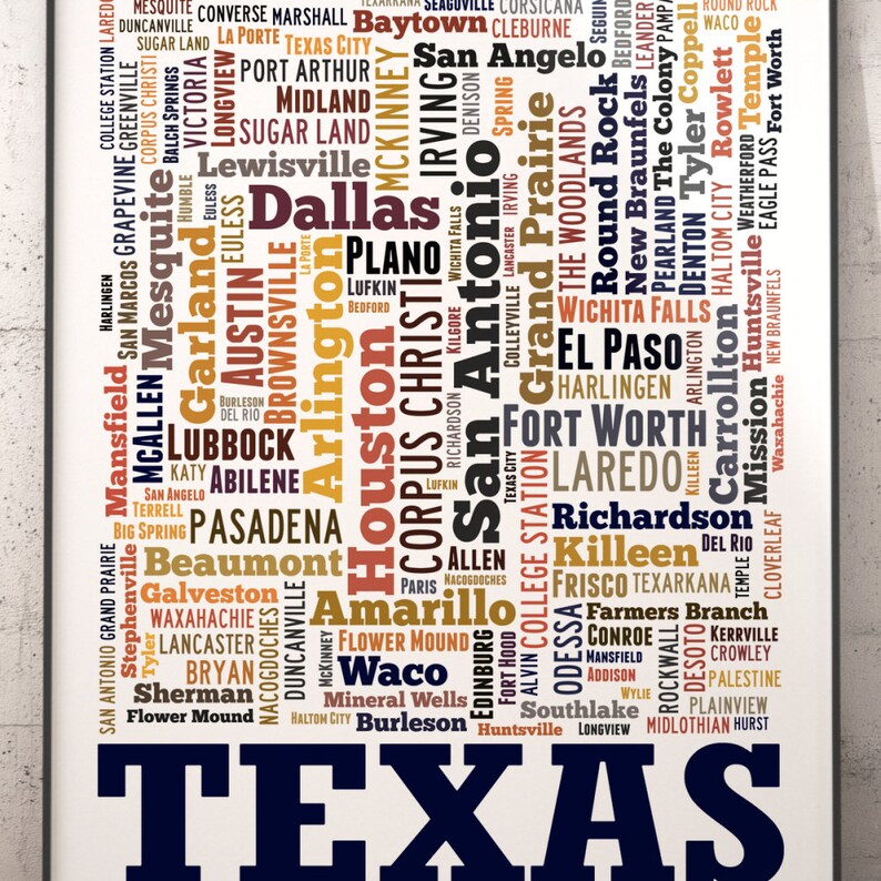 Texas map art, Texas art print, Texas decor, Texas wall art, Texas typography art, Texas poster print, Texas word cloud image 1