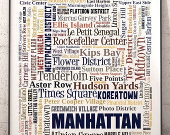 Manhattan Neighborhoods Art Print, Manhattan Typography Decor, Manhattan Art Print, Manhattan Poster Print, Manhattan Map Art Print