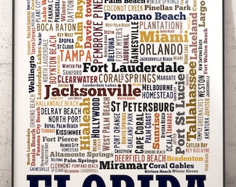 Florida Art Print, Florida Decor, Florida Map Art, Florida Wall Art, Florida Typography Art, Florida Poster Print, Florida Word Cloud
