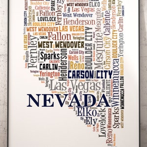Nevada Map Art, Nevada Art Print, Nevada State Map, Nevada Typography Art, Nevada Poster Print, Nevada Word Cloud