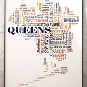 Queens Map Art, Queens Art Print, Queens Neighborhood Art Print, Queens Typography Art, Queens Poster Print, Queens Word Cloud