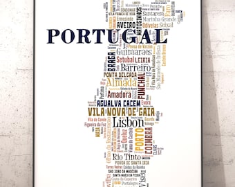 Portugal Map Art Print, City Typography, Word Cloud