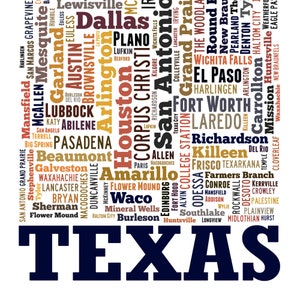 Texas map art, Texas art print, Texas decor, Texas wall art, Texas typography art, Texas poster print, Texas word cloud Multi Color