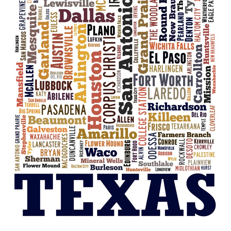 Texas map art, Texas art print, Texas decor, Texas wall art, Texas typography art, Texas poster print, Texas word cloud Multi Color