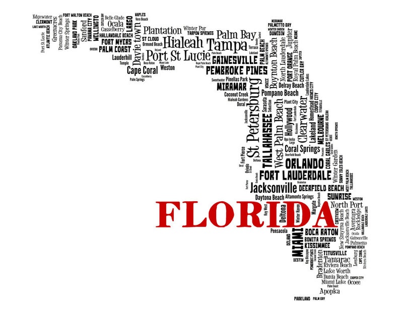 Florida Typography Map Art Print, State Word Cloud - Etsy